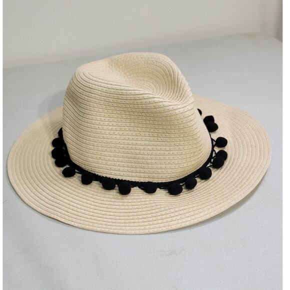 Torrid Straw Hat Panama Hat Black Pom Pom Accents Size M/L Beach Summer Casual - Picture 1 of 5